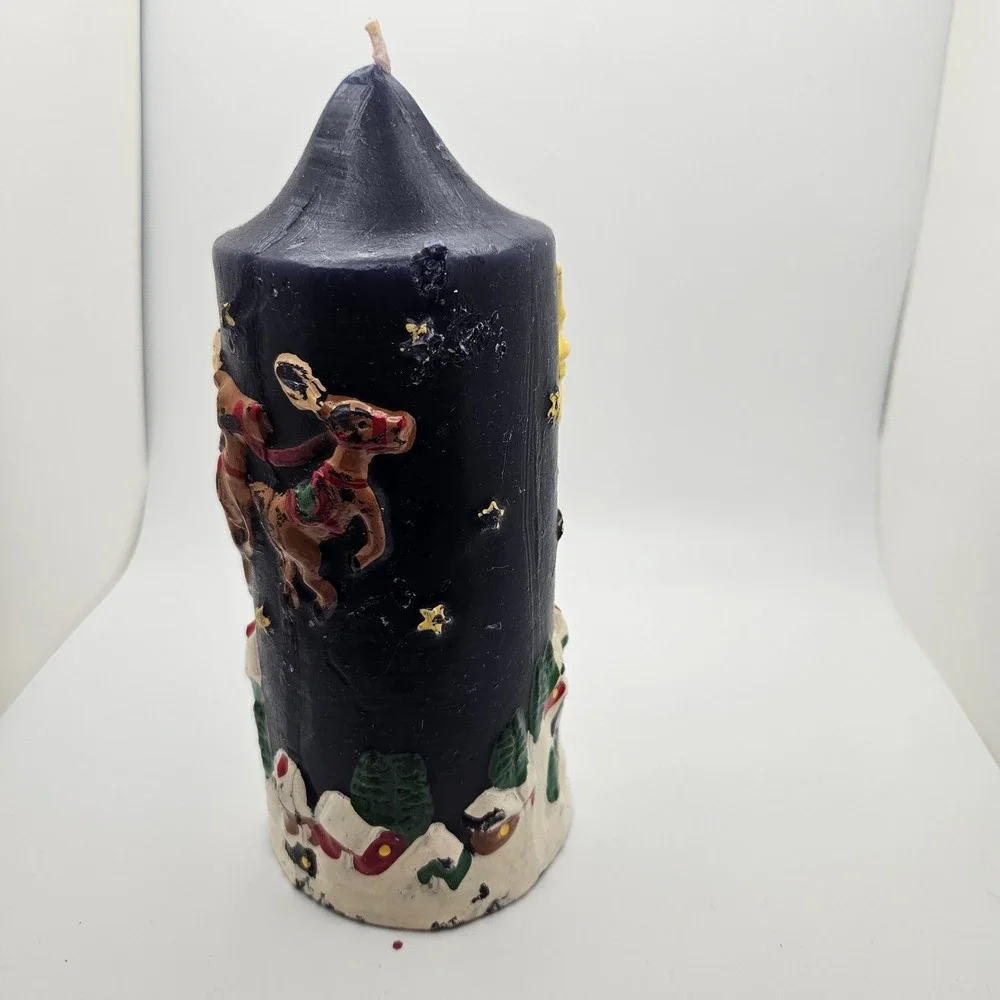 Vintage Hand Decorated Christmas Pillar Candle Santa Reindeer Moon Carved Wax 7